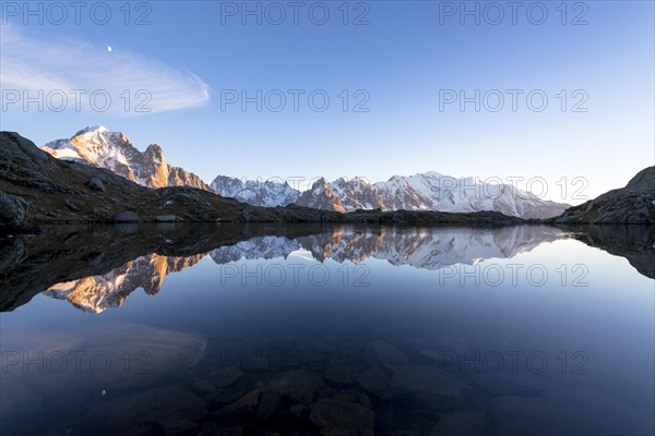 Evening light at Lac de Chesserys with mountains behind of Chamonix