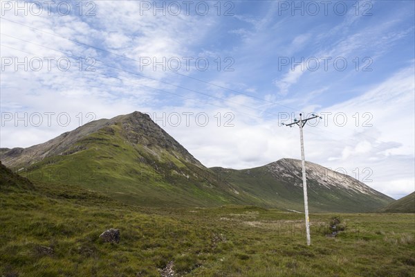 Telegraph pole and cables with Belig and Glas Bheinn Mhor at the back