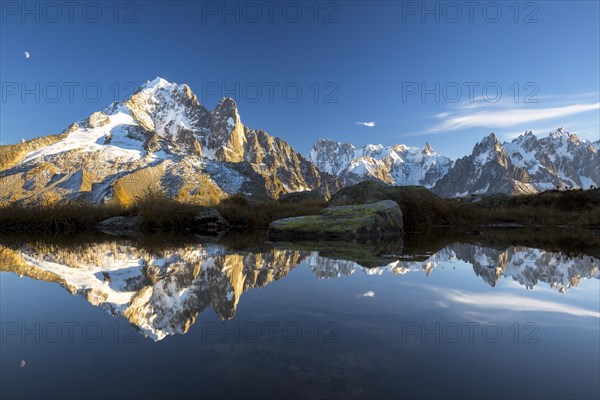 Evening light at Lac de Chesserys with mountains behind of Chamonix