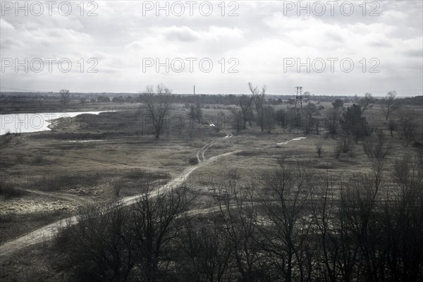 View of a contaminated area from a train that takes the workers of Slavutych to Chernobyl through a stretch of Belarussian territory