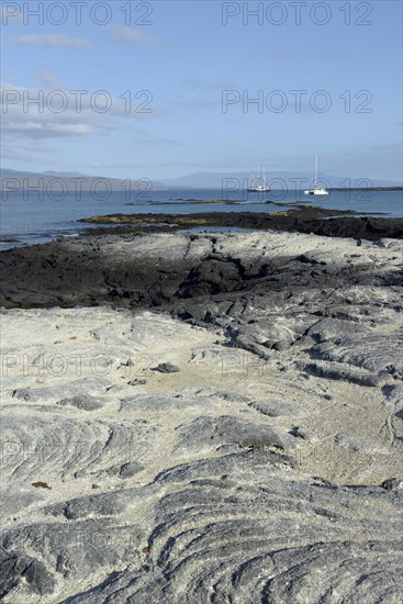 Sailboats anchored off the rocks at Punta Espinosa