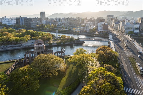 Panoramic view from Hiroshima Orizuru Tower over the city with atomic bomb dome