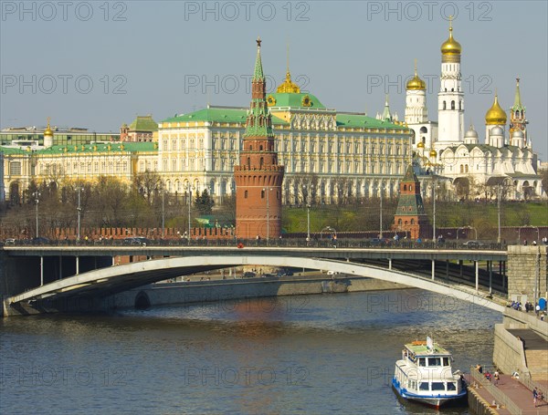 Moscow Kremlin with Kremlin palace and bell tower of Ivan the Great and Arhangelskiy Cathedral and Greater Stone Bridge