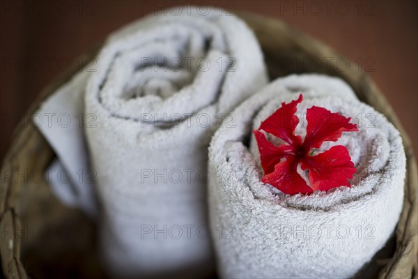 Two rolled white towels in a basket