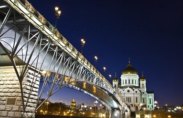 Cathedral of Christ the Saviour and Patriarch Bridge across Moskva River at night