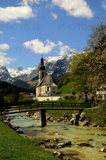 Parish church St. Sebastian in spring with Ramsauer Ache