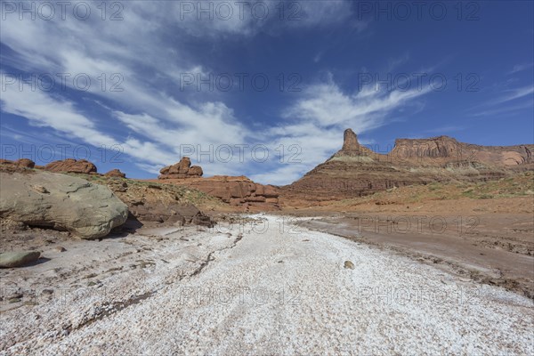 Salt deposits in a dry river bed