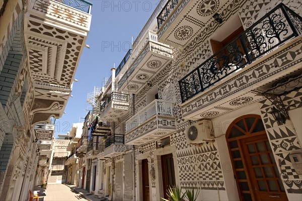 Traditional Xysta paintings on the houses in the mastic producing area of Mastichochoria