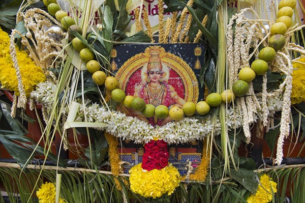 Bus decorated by Hindu pilgrims with flowers and limes