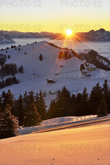 Sunset from Mt Rigi Kulm with views of the mountains Rigi Staffel and Pilatus