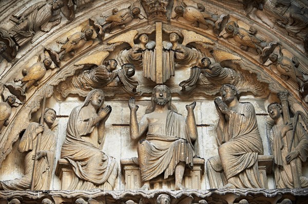 Medieval Gothic sculptures of the south portal Tympanum depicting Christ and the Last Judgement
