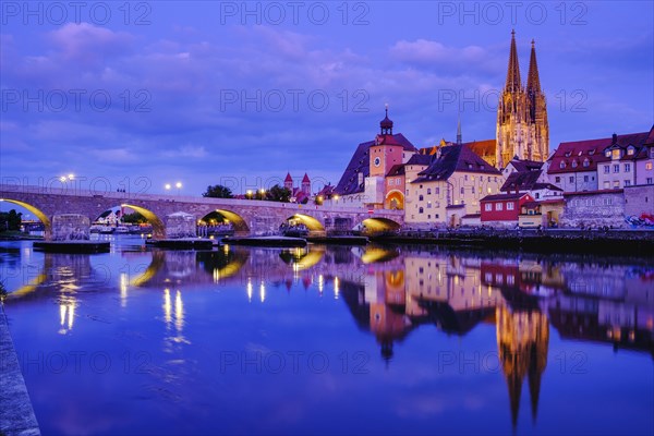 Stone bridge over the Danube and old town with cathedral at dusk