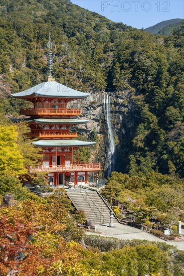 Nachi waterfall behind pagoda of Seigantoji Temple