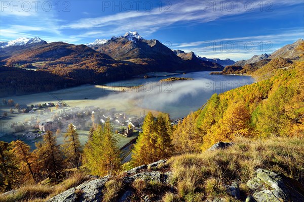 Views of Lake Sils and Piz da la Margna in autumnal Upper Engadine