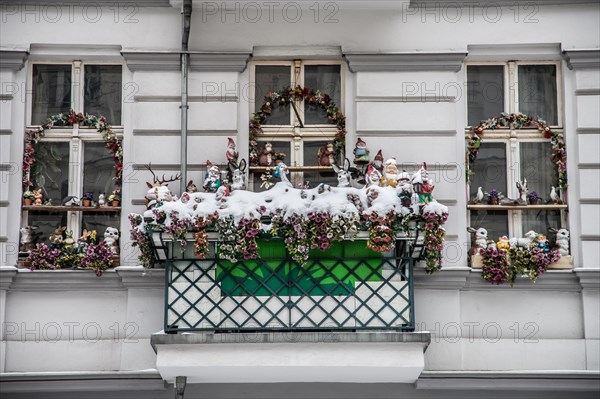 Christmas kitsch and knickknacks at a window