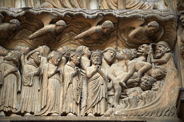 Medieval Gothic sculptures of the south portal Tympanum and lintel depicting the Last Judgement