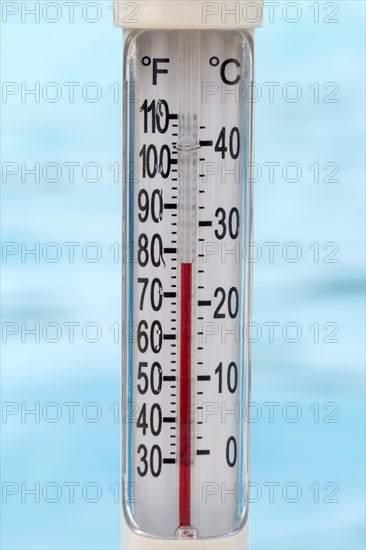 Pool thermometer showing 25 degrees Celsius