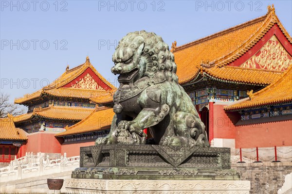 A bronze lioness guarding the eastern approach to the Gate of Supreme Harmony in the Forbidden City
