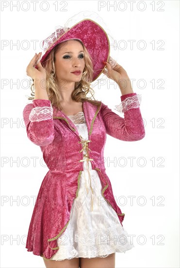 Young blonde woman wearing a pink and white costume