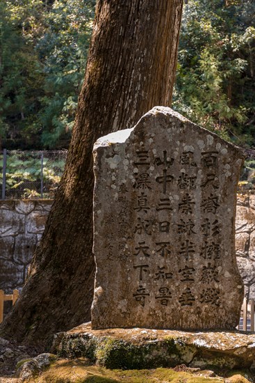 Old stone tablet with Japanese writing on the pilgrimage path Kumano Kodo