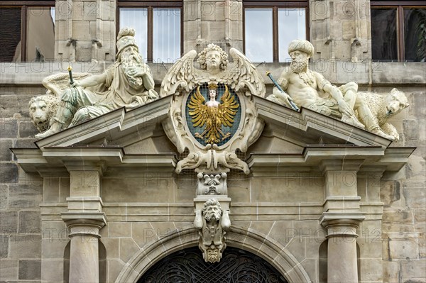 Large Nuremberg city coat of arms and allegorical figures