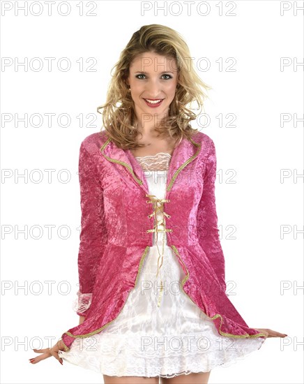 Young blonde woman wearing a pink and white costume
