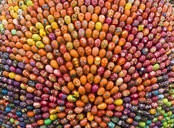 Detail of big sculpture made from many hand painted eggs