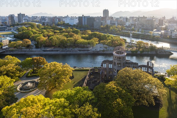 Panoramic view from Hiroshima Orizuru Tower over the city with atomic bomb dome
