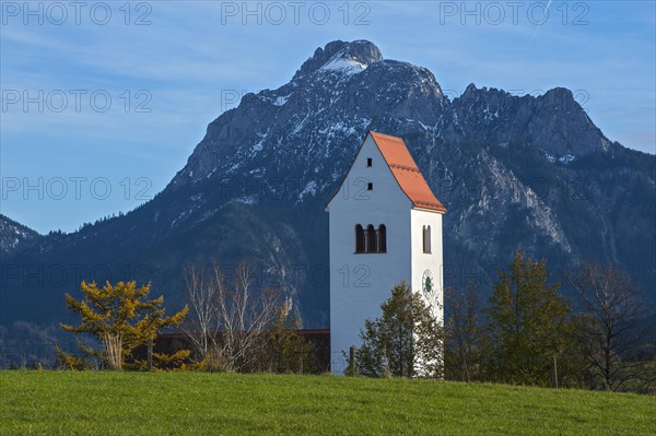 Church tower with Mt Sauling at the back