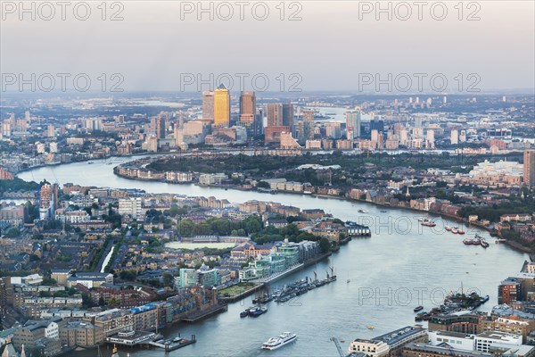 View of the Canary Wharf financial center and the river Thames