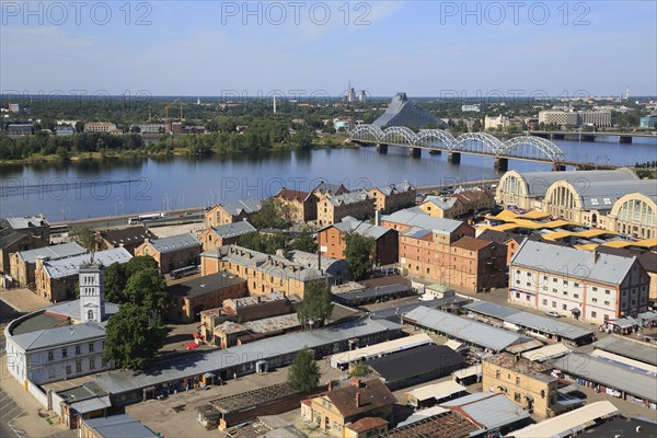 Daugava River with the Railway Bridge or DzelzceÄ¼a Tilts and the New National Library