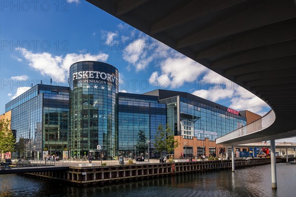 Fisketorvet shopping center with Copenhagen's new cycle bridge Cykelslangen in the foreground