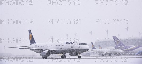 Lufthansa Airbus A321-200 aircraft rolling on the run during snowfall
