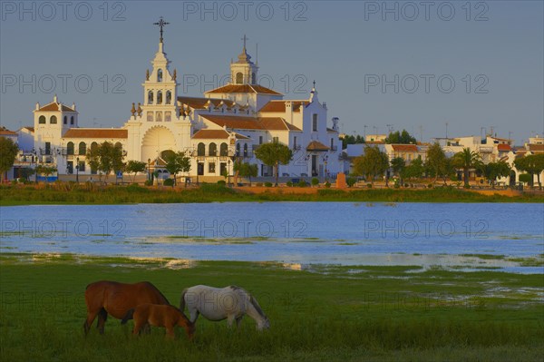 El Rocio village and Ermita del Rocio hermitage in morning light