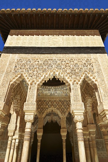 Arabesque Moorish architecture of the Patio de los Leones or Court of the Lions