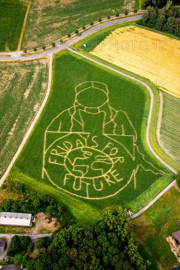 Aerial view of the FRIDAYS FOR FUTURE emblem with climate activist Greta Thunberg as corn labyrinth on a field in Cappenberg