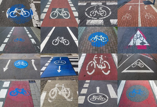 Collage of cycle track markings on a pavement