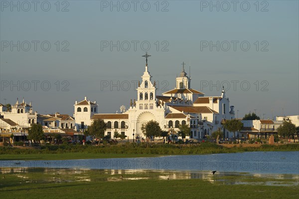 Hermitage of El Rocio in the lagoon of the Donana National Park