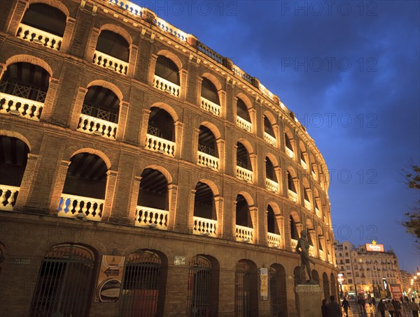 Exterior of the Bullring Plaza de Toros Valencia lit up at night