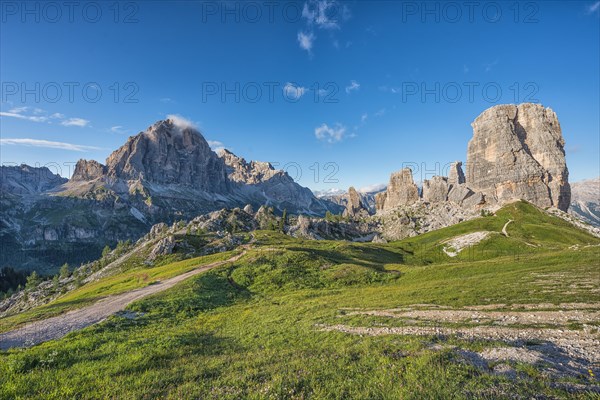 Cinque Torri and Monte Averau with blue sky