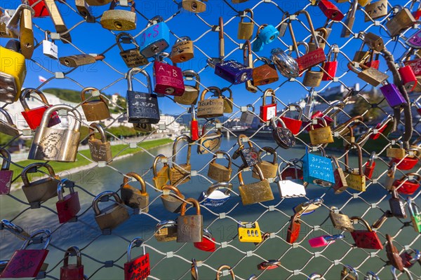 Love locks on Makartsteg bridge over the Salzach River