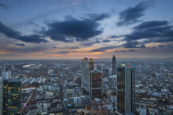 View of the city at sunset from the Main Tower with skyscrapers in the financial district
