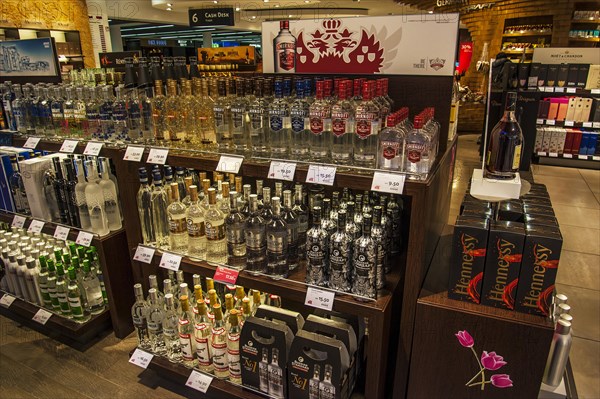 Various spirits in the duty-free shop