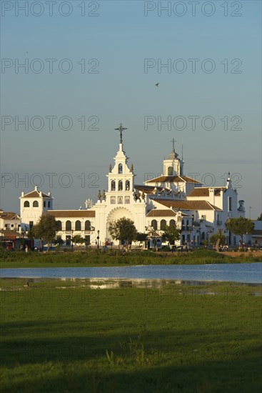 Hermitage of El Rocio in the lagoon of the Donana National Park