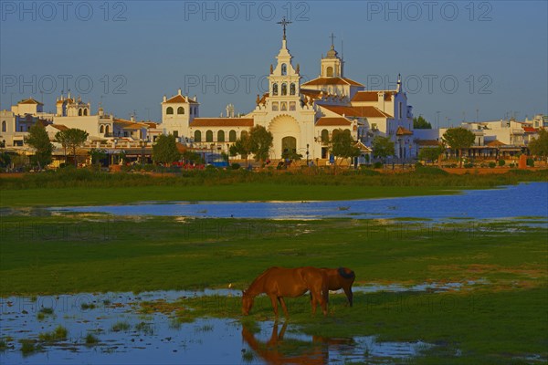 El Rocio village and Ermita del Rocio hermitage in morning light