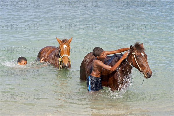 Two boys bathing horses