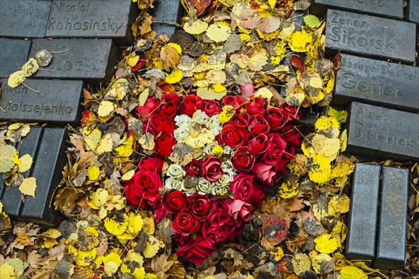 Floral wreath on memorial site in the concentration camp of Wobbelin