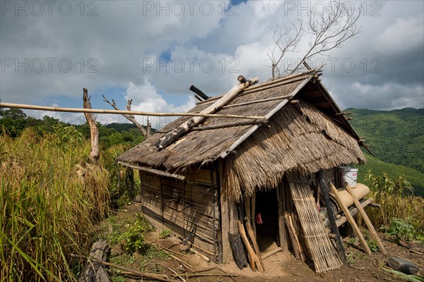 Simple straw and bamboo hut of the Akka mountain people