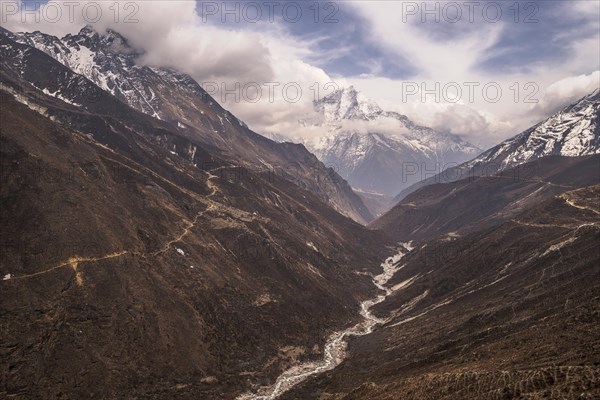 Dudh Kosi river in front of mountain panorama im tje Gokyo Valley