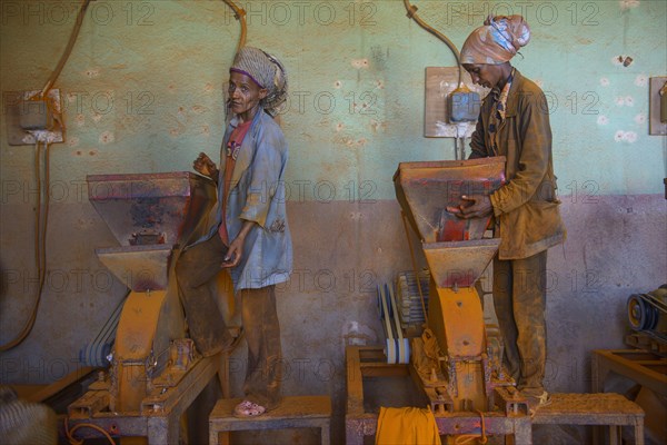 Women working in a Berbere red pepper spice factory at the Medebar market